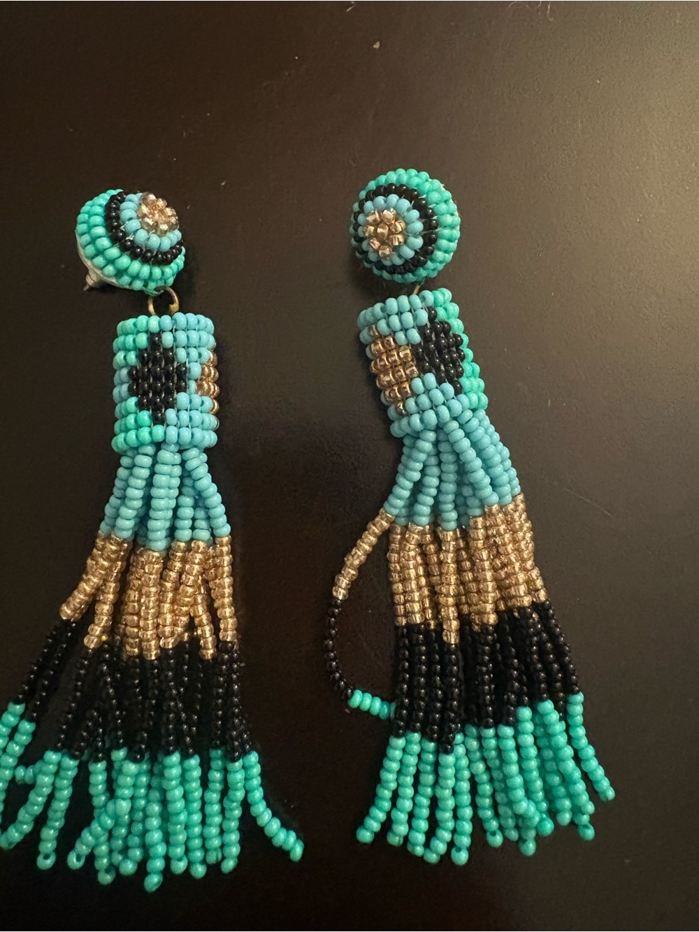Turquoise Beaded Tassel Drop Earrings with Gold & Black Accents